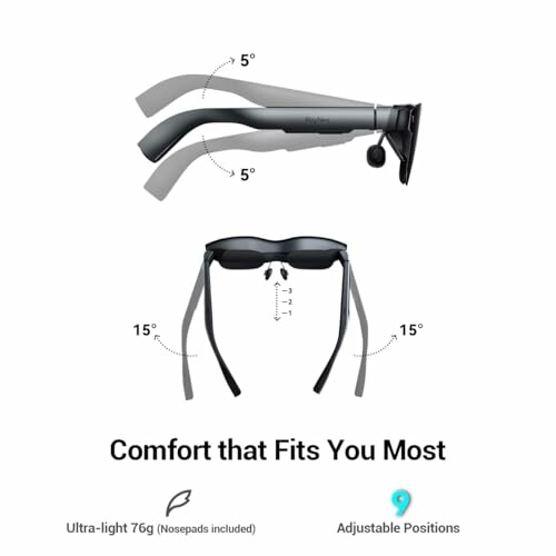 Adjustable lightweight glasses with comfort features and multiple positions.