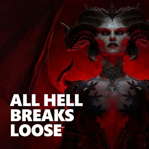 Demonic figure with horns and red background, text 'All Hell Breaks Loose'