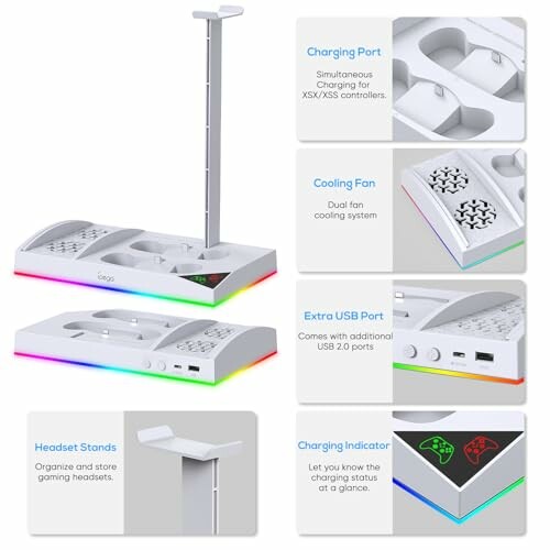 Multifunctional gaming accessory stand with charging ports, cooling fan, extra USB ports, and headset stands.