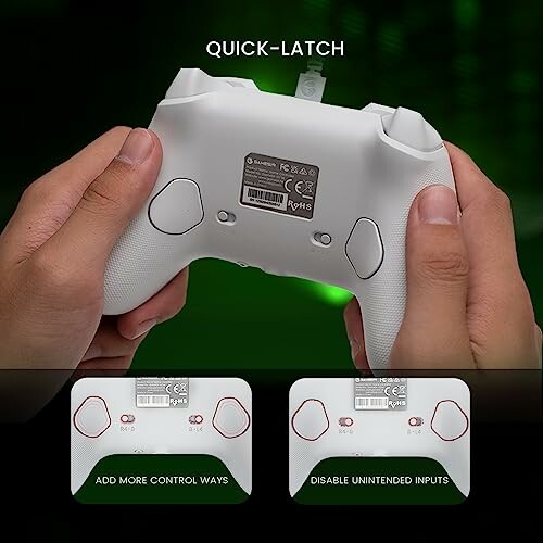 Hands holding a gaming controller with quick-latch feature and additional control customization options.