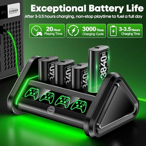 Gaming controller battery charger with multiple slots and glowing green lights, highlighting exceptional battery life and charging details.