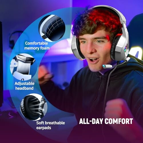 Person wearing a gaming headset with features highlighted: comfortable memory foam, adjustable headband, soft breathable earpads.