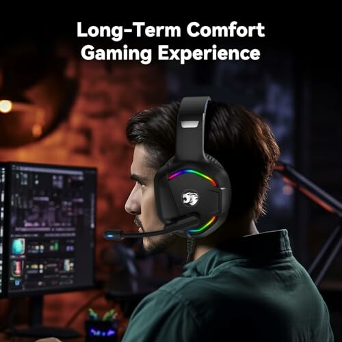 Person wearing a gaming headset in front of computer screens with text 'Long-Term Comfort Gaming Experience'.