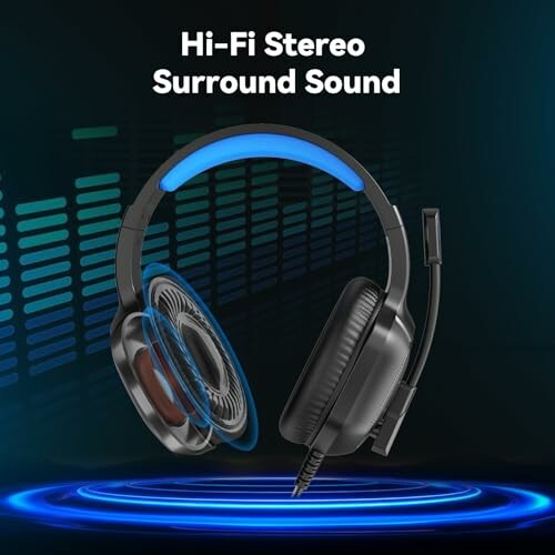 Hi-Fi stereo surround sound headset with glowing blue highlights.