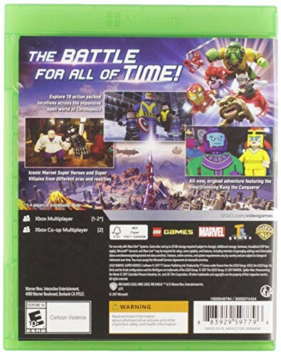 Back cover of LEGO Marvel video game for Xbox featuring superheroes and villains.