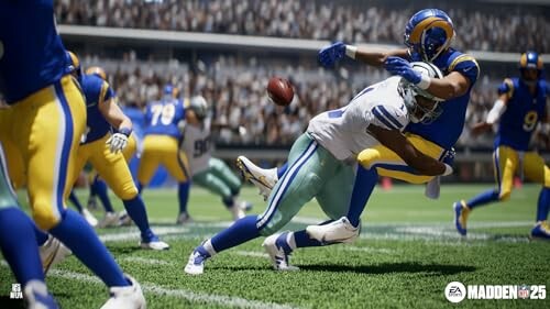 Football players in action during a Madden NFL 25 game.