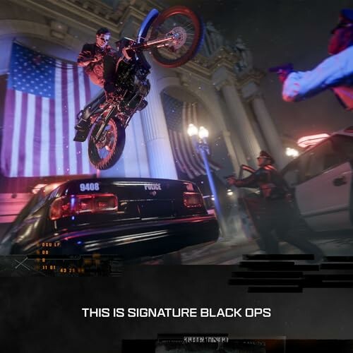 Motorcyclist performing a stunt over police car in action scene with American flags.