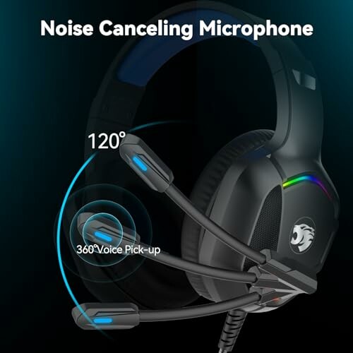 Gaming headset with noise canceling microphone and 360-degree voice pickup.