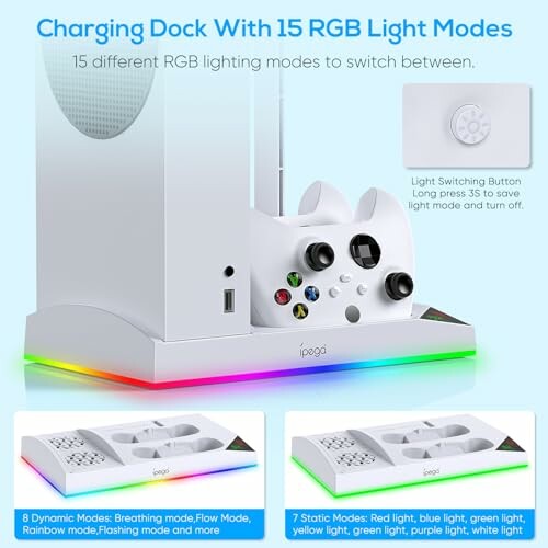 Charging dock with 15 RGB light modes for gaming console and controller.