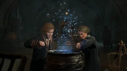 Two students brewing a magical potion in a cauldron.