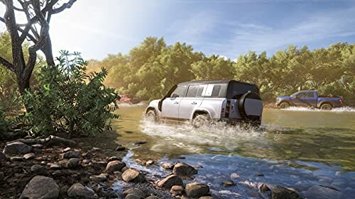 SUV driving through a shallow river with trees in the background.