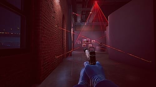 First-person view of a stealth mission in a video game with red laser security system.