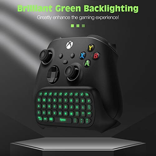 Xbox controller with green backlit keyboard attachment.