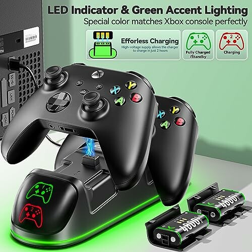 Xbox controller charging station with LED indicators and batteries.