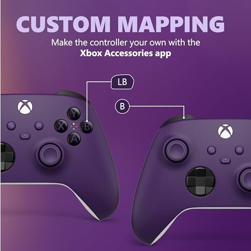 Purple Xbox controller with custom mapping options for LB and B buttons.