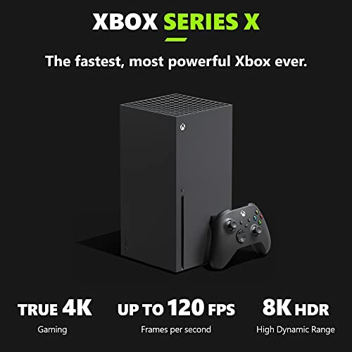 Xbox Series X console with controller, featuring 4K gaming, 120 FPS, 8K HDR.