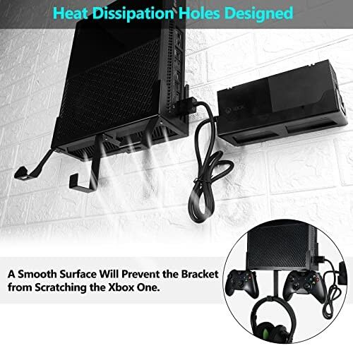 Wall-mounted Xbox holder with heat dissipation holes and controller hooks