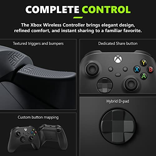 Xbox Wireless Controller features: textured triggers, dedicated share button, custom button mapping, hybrid D-pad.