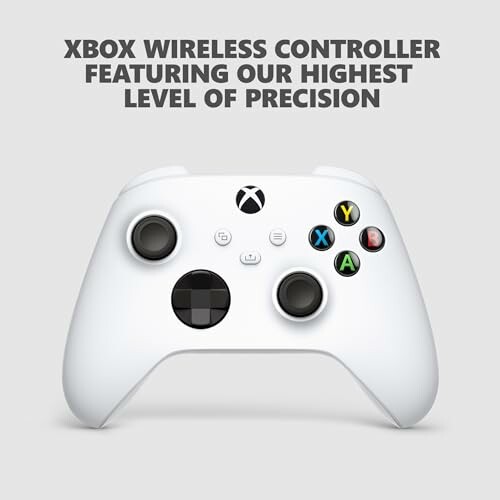 White Xbox wireless controller with text about precision.